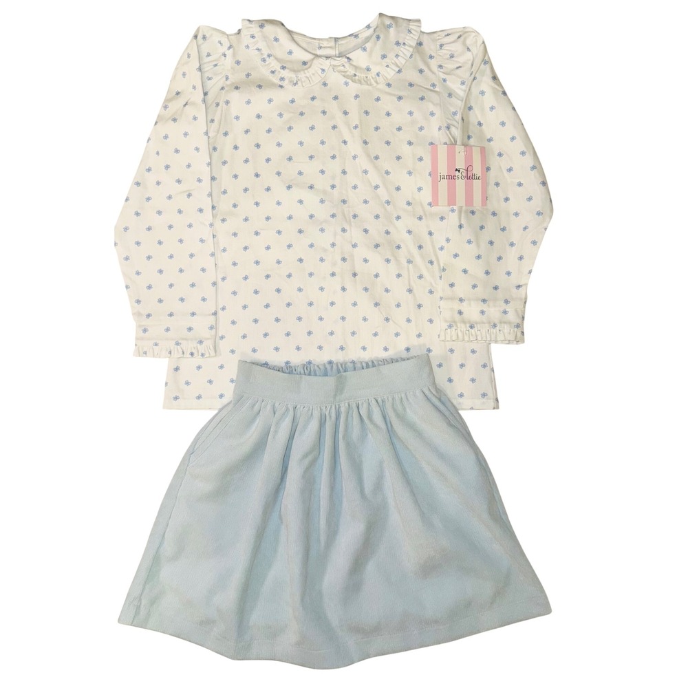 James & Lottie Girls Blue Bows Long Sleeve Top & CeCe Skirt Set‎ Size 7 NEW